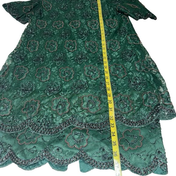 Brilliante by J.A.Vintage Beaded & Sequins Dark Green Lace MidiScallop Hem Sz M - Picture 7 of 13